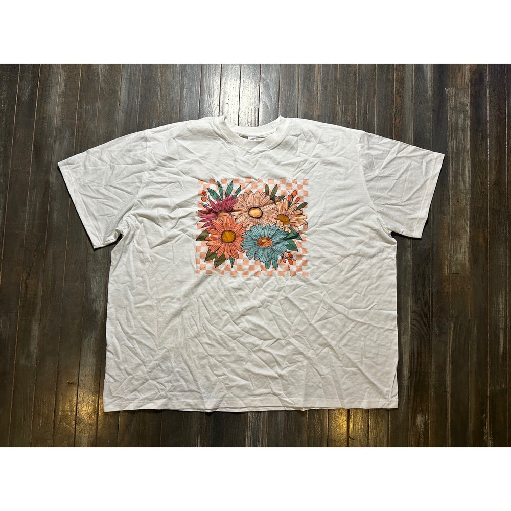 Womens White Floral Daisy Checkered Graphic T-Shirt 100% Cotton